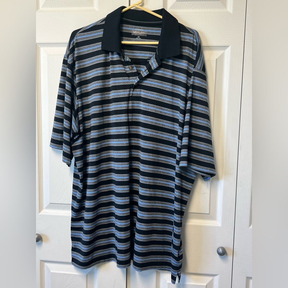 Kirkland Black Blue Gray Striped Polo Tshirt